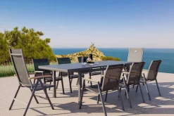 HARTMAN Aruba Teak Garten-Essgruppe, xerix, Alu/Textilene, Tisch 180/240x100cm, 6 Stapel-, 2 Klappstühle
