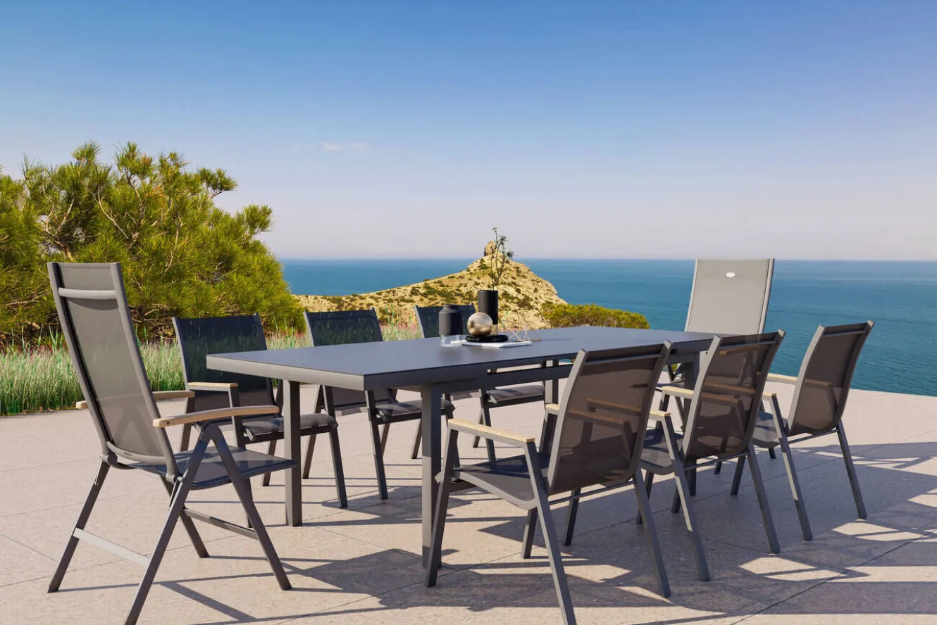 HARTMAN Aruba Teak Garten-Essgruppe, xerix, Alu/Textilene, Tisch 180/240x100cm, 6 Stapel-, 2 Klappstühle