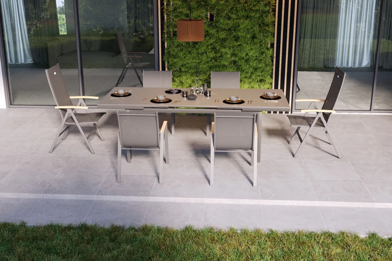 HARTMAN Aruba Teak Garten-Essgruppe, xerix, Alu/Textilene, Tisch 180/240x100cm, 4 Stapel-, 2 Klappstühle