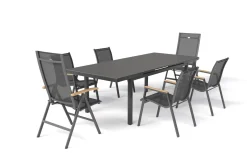 HARTMAN Aruba Teak Garten-Essgruppe, xerix, Alu/Textilene, Tisch 180/240x100cm, 4 Stapel-, 2 Klappstühle