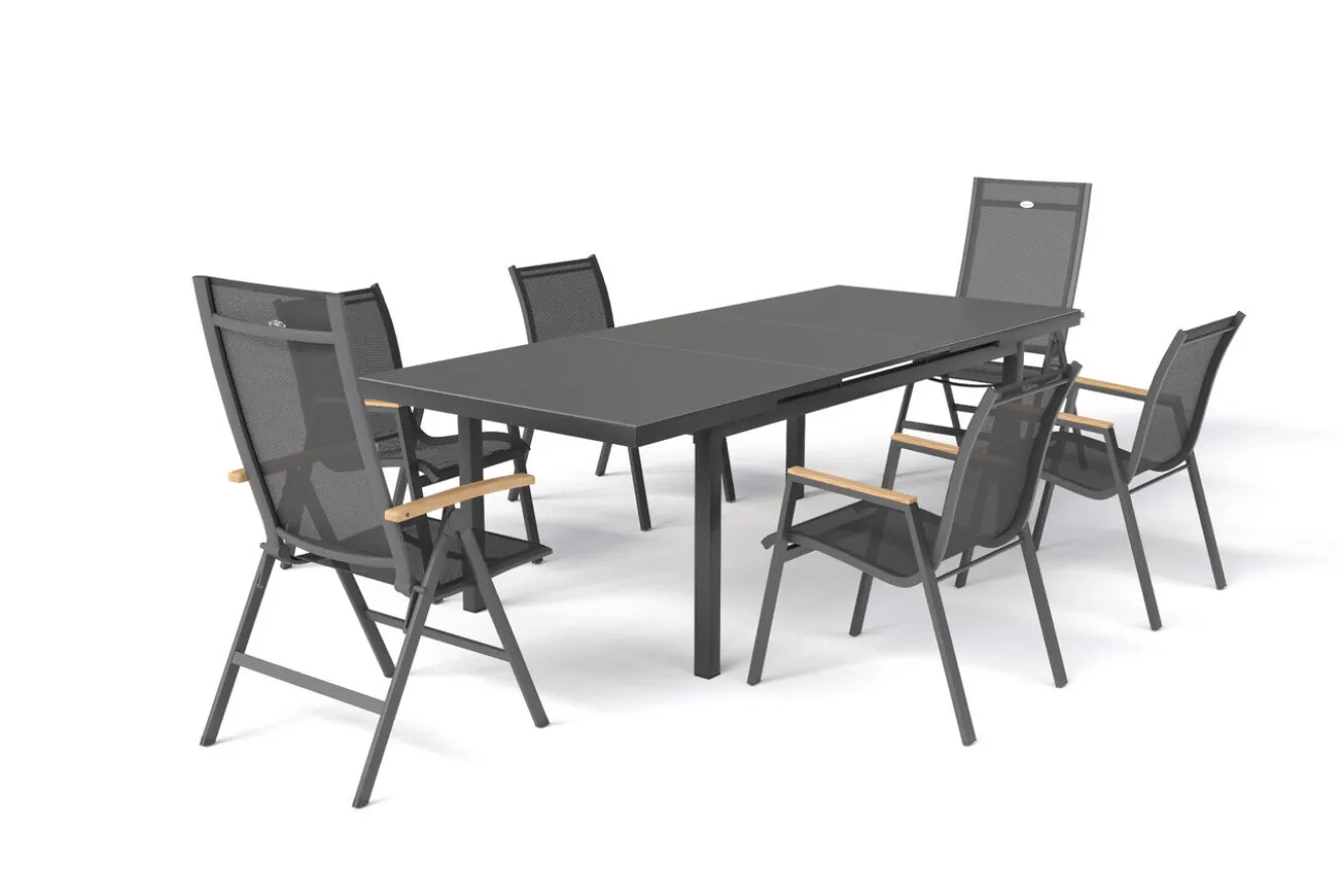 HARTMAN Aruba Teak Garten-Essgruppe, xerix, Alu/Textilene, Tisch 180/240x100cm, 4 Stapel-, 2 Klappstühle