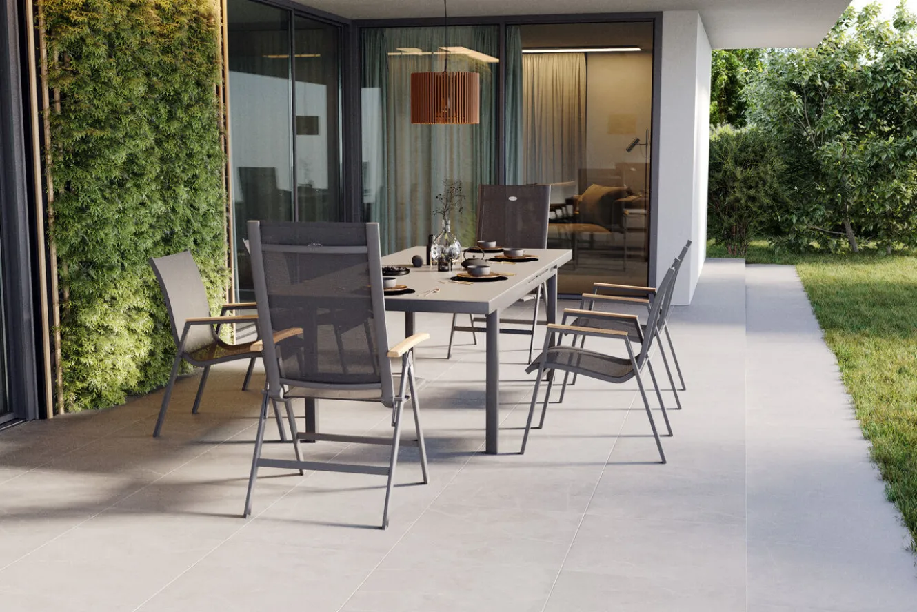 HARTMAN Aruba Teak Garten-Essgruppe, xerix, Alu/Textilene, Tisch 180/240x100cm, 4 Stapel-, 2 Klappstühle