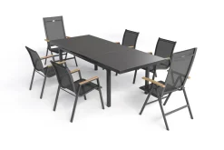HARTMAN Aruba Teak Garten-Essgruppe, xerix, Alu/Textilene, Tisch 180/240x100cm, 4 Stapel-, 2 Klappstühle