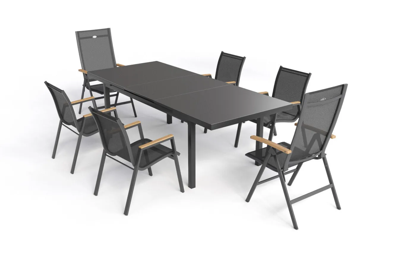 HARTMAN Aruba Teak Garten-Essgruppe, xerix, Alu/Textilene, Tisch 180/240x100cm, 4 Stapel-, 2 Klappstühle