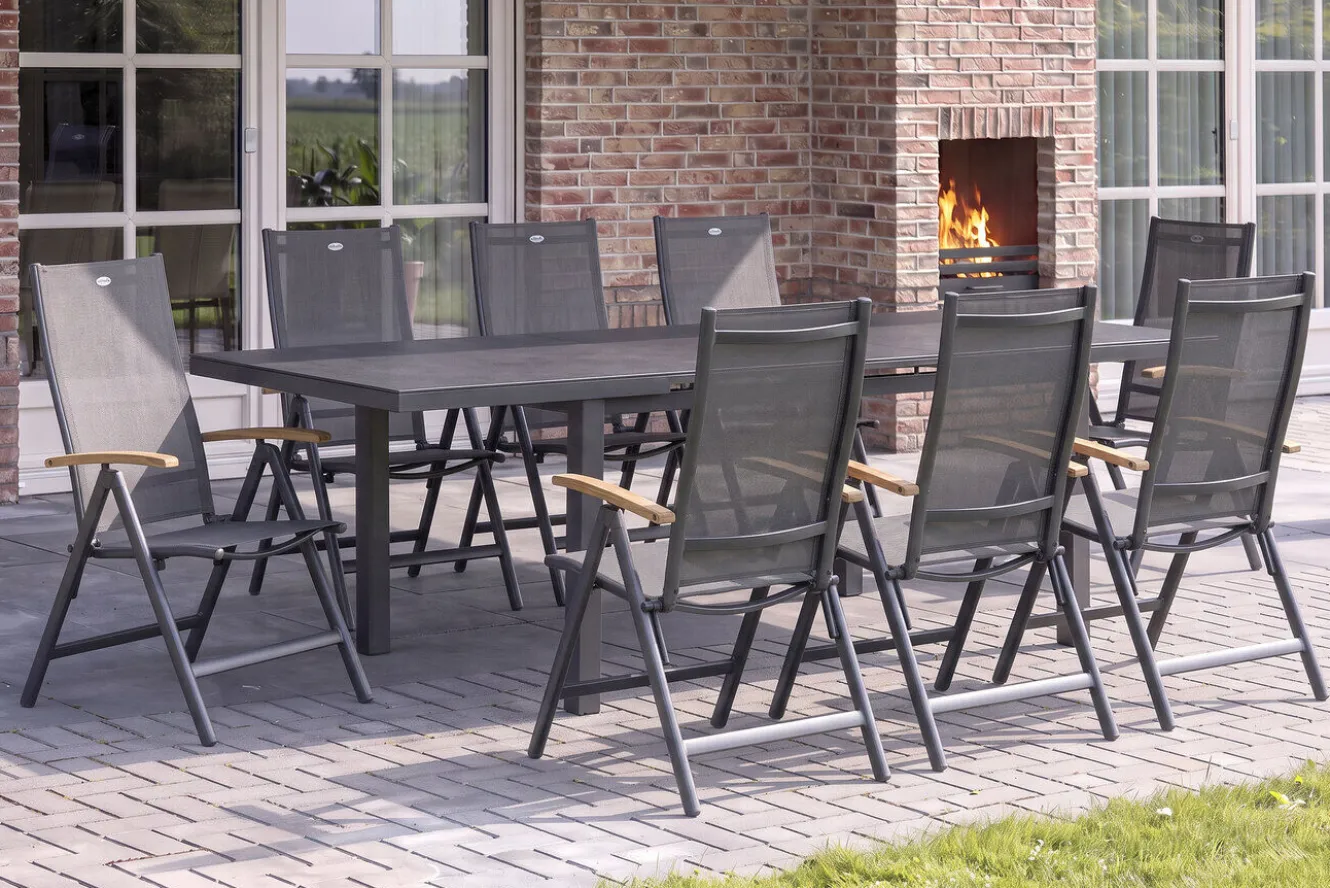 HARTMAN Aruba Teak Garten-Essgruppe, xerix, Alu/Textilene, Tisch 180/240x100cm, 8 Klappstühle