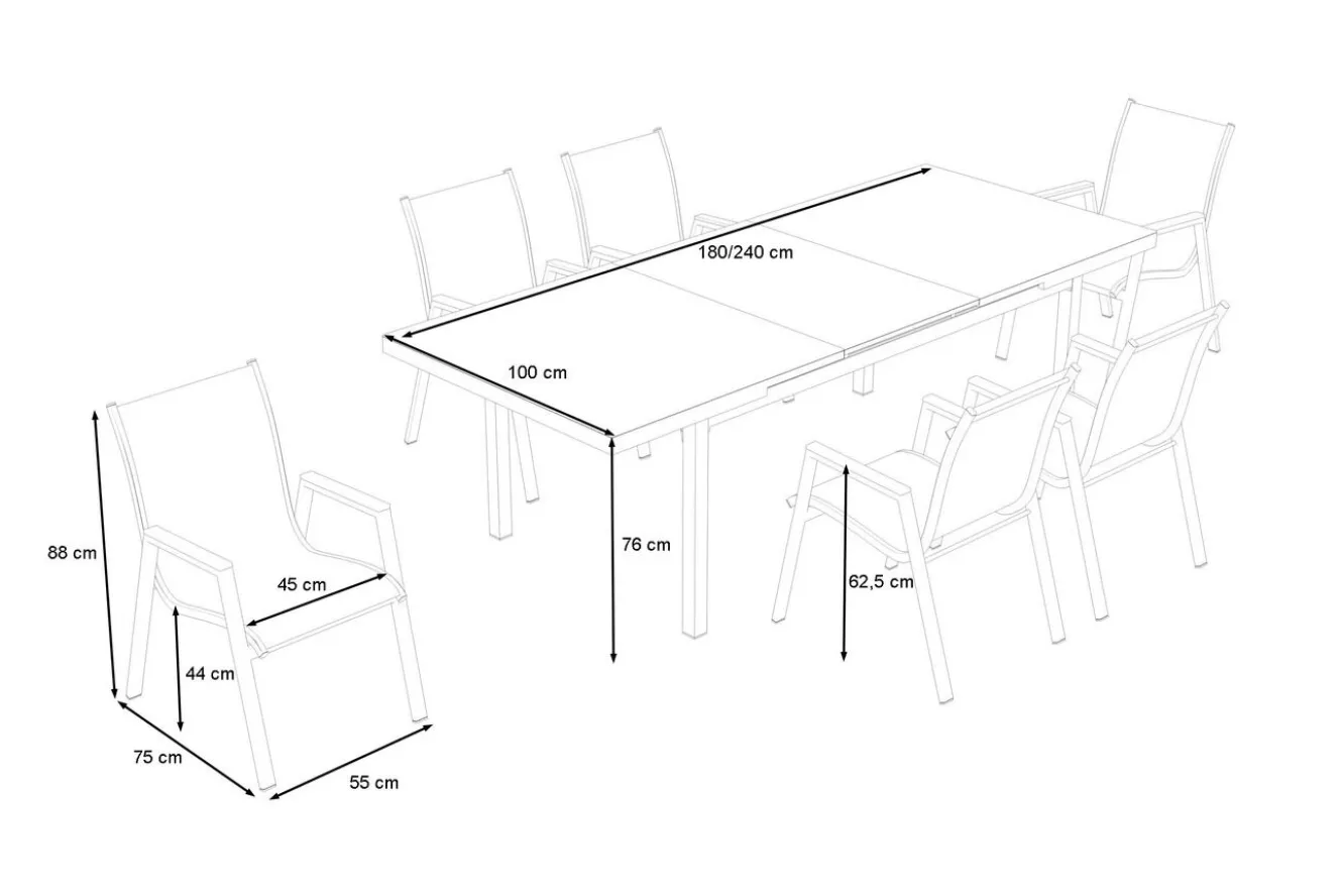 HARTMAN Aruba Teak Garten-Essgruppe, xerix, Alu/Textilene, Tisch 180/240x100cm, 6 Stapelsessel