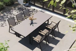 HARTMAN Aruba Teak Garten-Essgruppe, xerix, Alu/Textilene, Tisch 180/240x100cm, 6 Stapelsessel