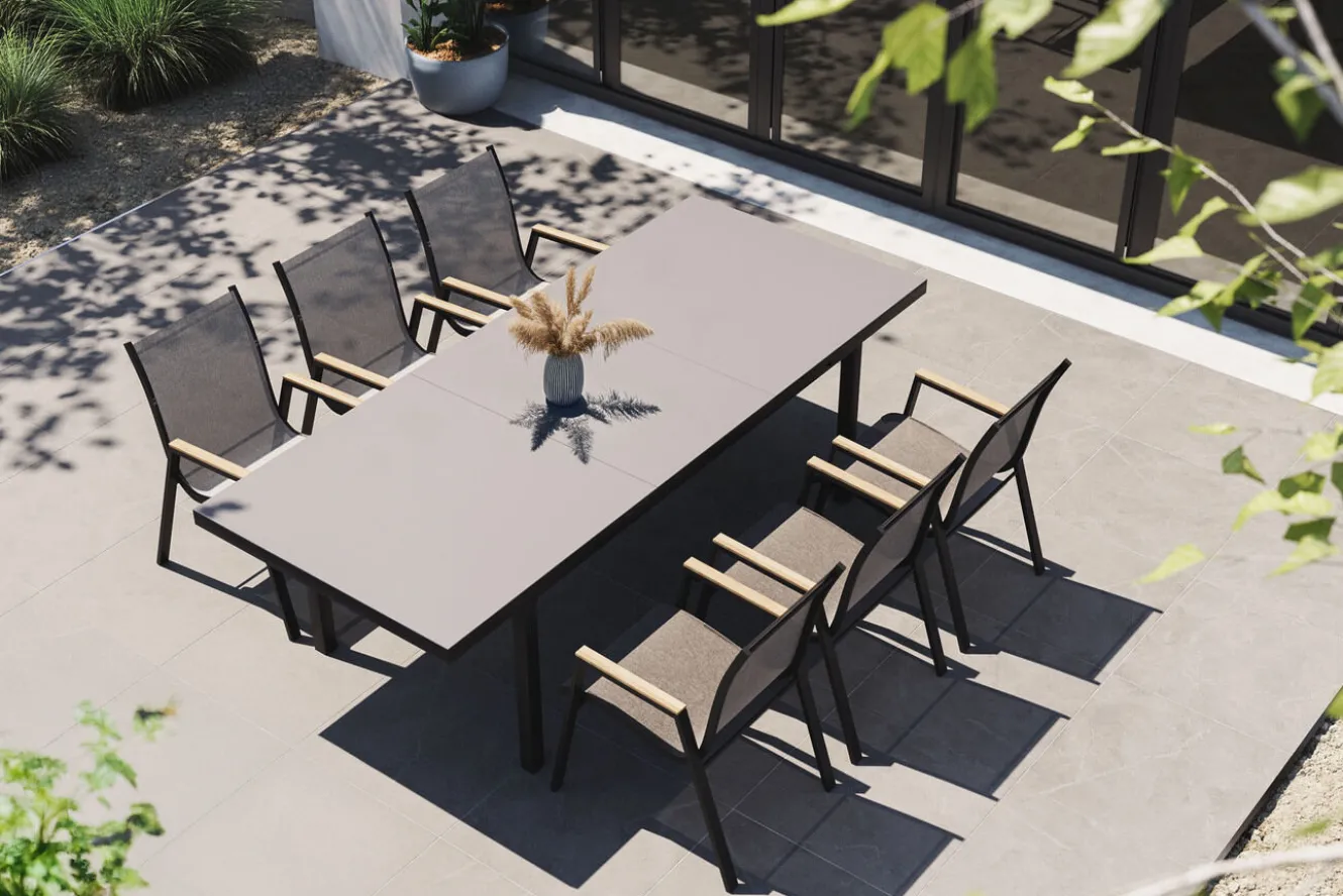 HARTMAN Aruba Teak Garten-Essgruppe, xerix, Alu/Textilene, Tisch 180/240x100cm, 6 Stapelsessel