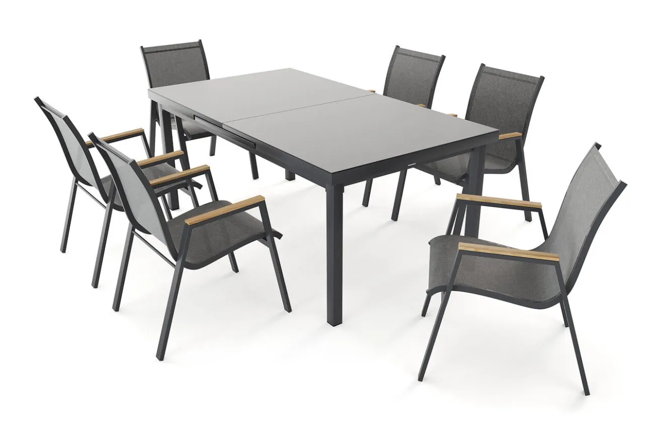 HARTMAN Aruba Teak Garten-Essgruppe, xerix, Alu/Textilene, Tisch 180/240x100cm, 6 Stapelsessel