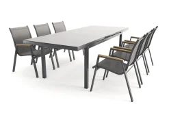 HARTMAN Aruba Teak Garten-Essgruppe, xerix, Alu/Textilene, Tisch 180/240x100cm, 6 Stapelsessel