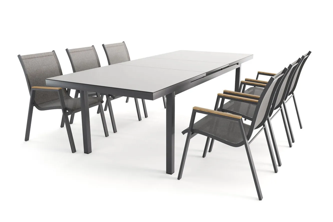HARTMAN Aruba Teak Garten-Essgruppe, xerix, Alu/Textilene, Tisch 180/240x100cm, 6 Stapelsessel