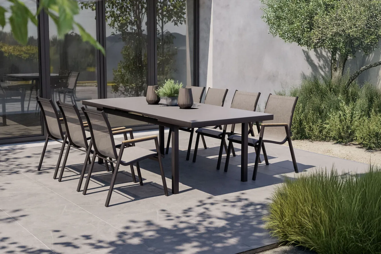 HARTMAN Aruba Teak Garten-Essgruppe, xerix, Alu/Textilene, Tisch 180/240x100cm, 6 Stapelsessel