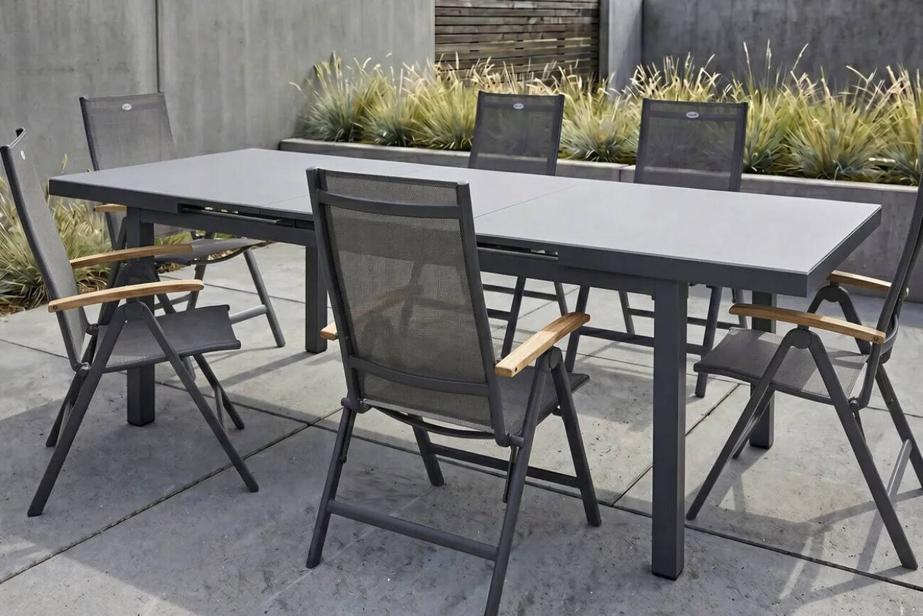 HARTMAN Aruba Teak Garten-Essgruppe, xerix, Alu/Textilene, Tisch 180/240x100cm, 6 Klappstühle
