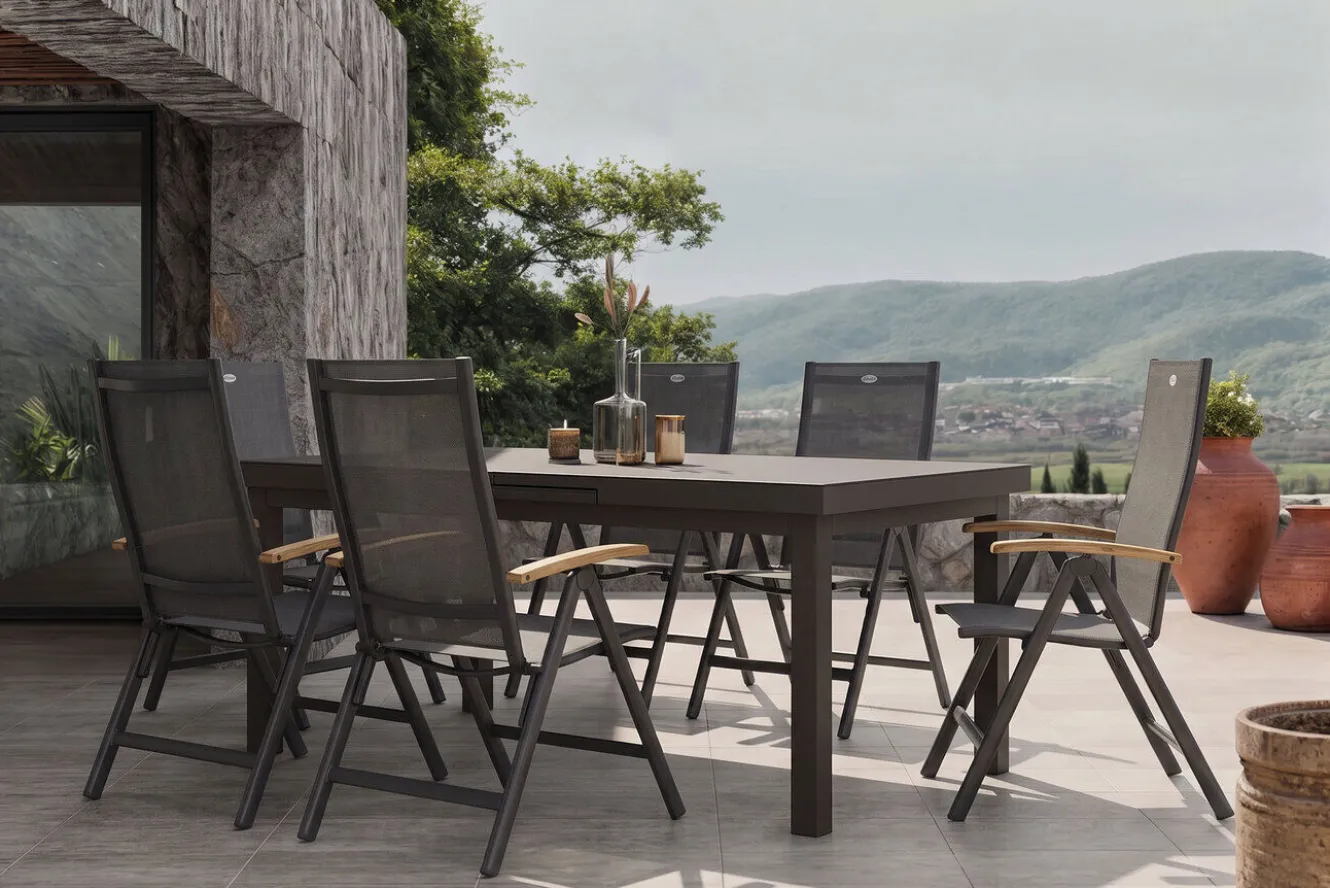 HARTMAN Aruba Teak Garten-Essgruppe, xerix, Alu/Textilene, Tisch 180/240x100cm, 6 Klappstühle