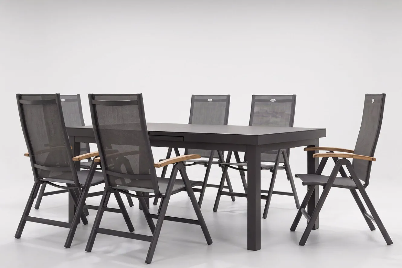 HARTMAN Aruba Teak Garten-Essgruppe, xerix, Alu/Textilene, Tisch 180/240x100cm, 6 Klappstühle