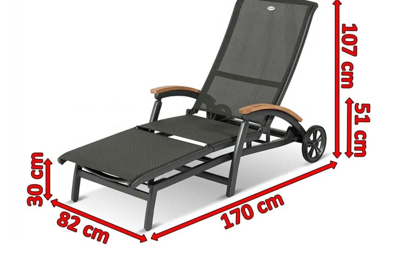 HARTMAN Da Vinci Gartenliege, xerix/anthrazit, Alu/Textilene, 170 x 82 x 30 cm, mit Teak-Armlehnen