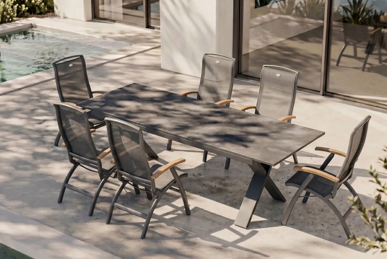 Hartman Exklusivmodell Xanadu, Da Vinci Garten-Essgruppe, 6 Personen, ausziehbarer Tisch 220–280 cm, Alu/Glaskeramik