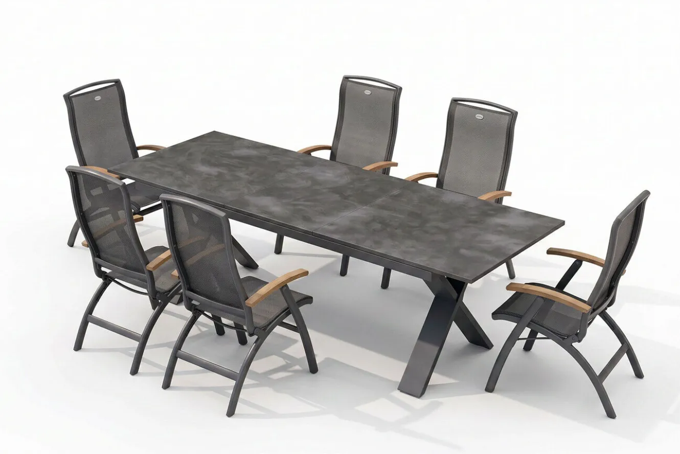 Hartman Exklusivmodell Xanadu, Da Vinci Garten-Essgruppe, 6 Personen, ausziehbarer Tisch 220–280 cm, Alu/Glaskeramik