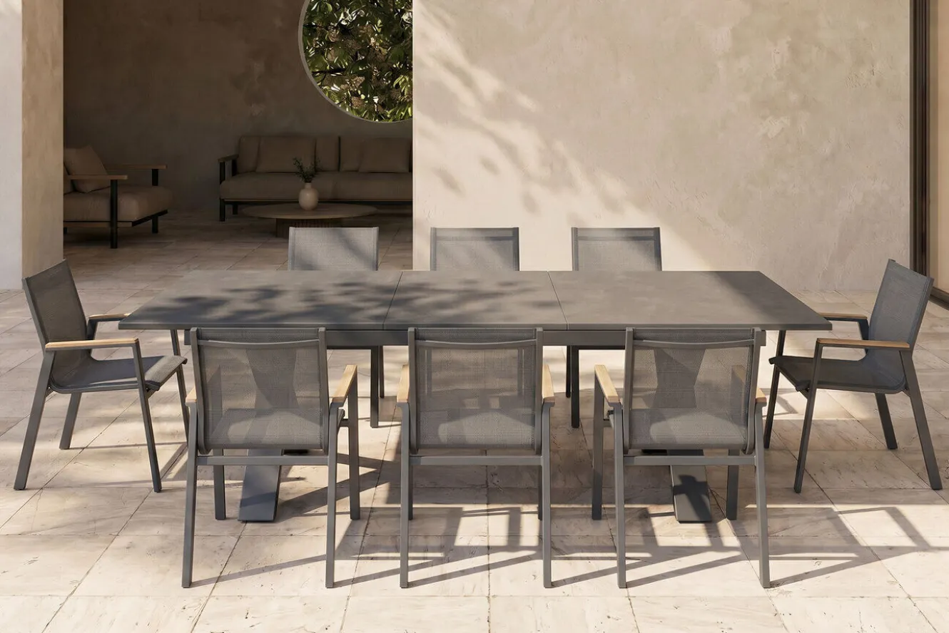 HARTMAN Garten-Essgruppe, Exklusivmodell Xanadu / Aruba Set, xerix/anthrazit, Alu/Glaskeramik, 8 Stapelsessel, 220/280x100cm