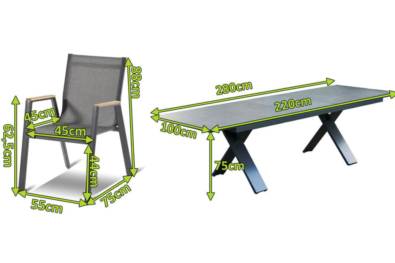 HARTMAN Garten-Essgruppe, Exklusivmodell Xanadu / Aruba Set, xerix/anthrazit, Alu/Glaskeramik, 8 Stapelsessel, 220/280x100cm