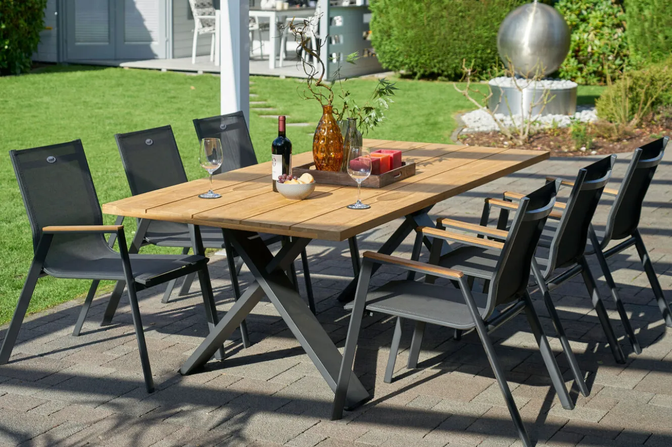 HARTMAN Garten-Essgruppe Xanadu / Aruba Set, xerix/anthrazit, Alu/Teakholz, 6 Stapelsessel, Teakarmlehnen, 220 x 100 cm