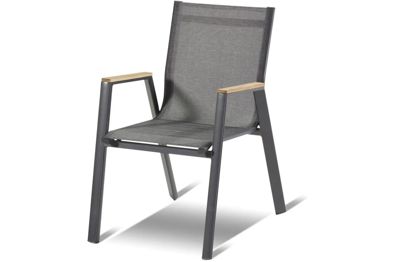 HARTMAN Garten-Essgruppe Xanadu / Aruba Set, xerix/anthrazit, Alu/Teakholz, 6 Stapelsessel, Teakarmlehnen, 220 x 100 cm