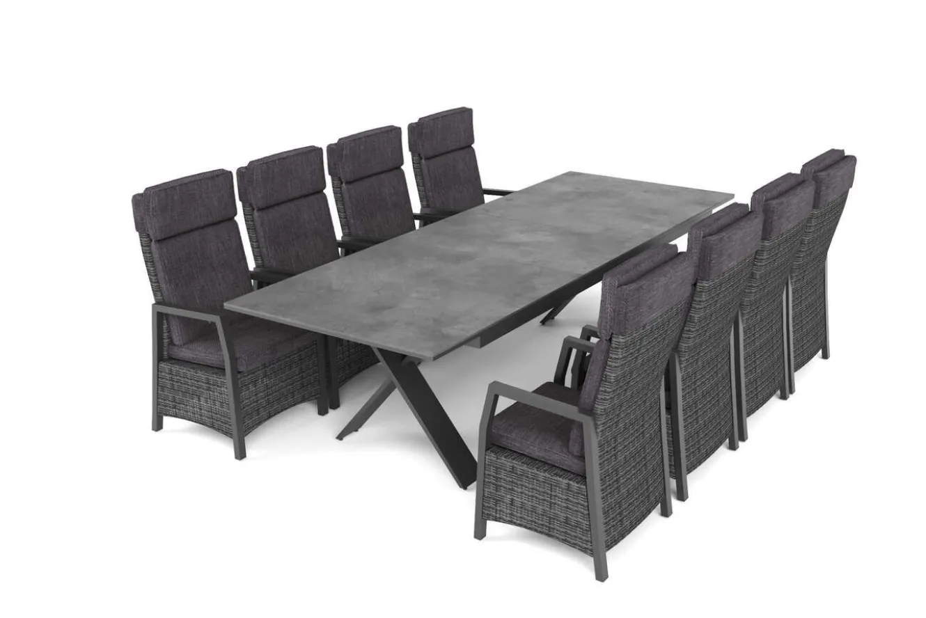 HARTMAN Nova Garten-Essgruppe, anthrazit/grau, Alu/Polyrattan/Glaskeramik, 220/280 x 100 cm, ausziehbarer Tisch, verstellbare Sessel