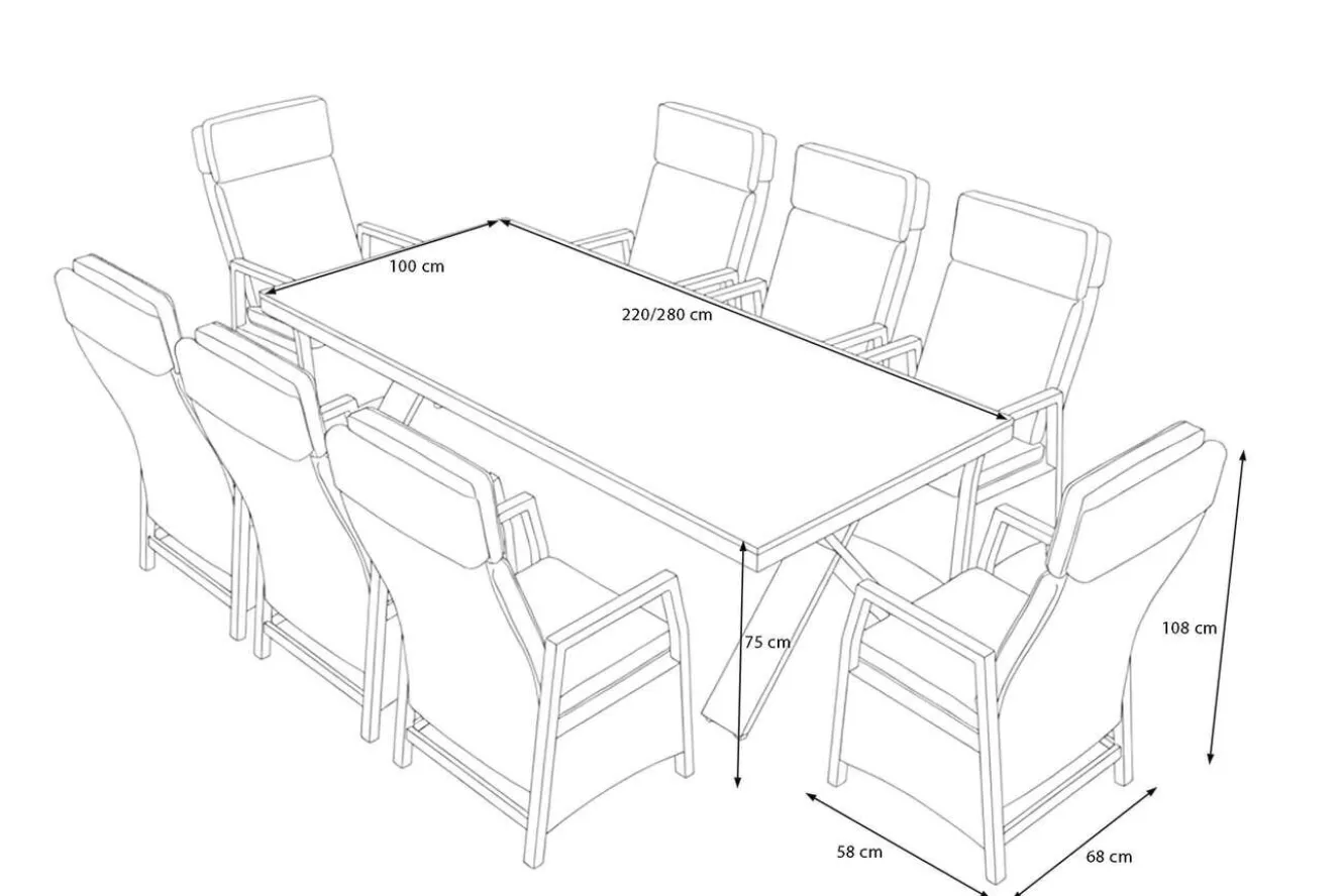 HARTMAN Nova Garten-Essgruppe, anthrazit/grau, Alu/Polyrattan/Glaskeramik, 220/280 x 100 cm, ausziehbarer Tisch, verstellbare Sessel
