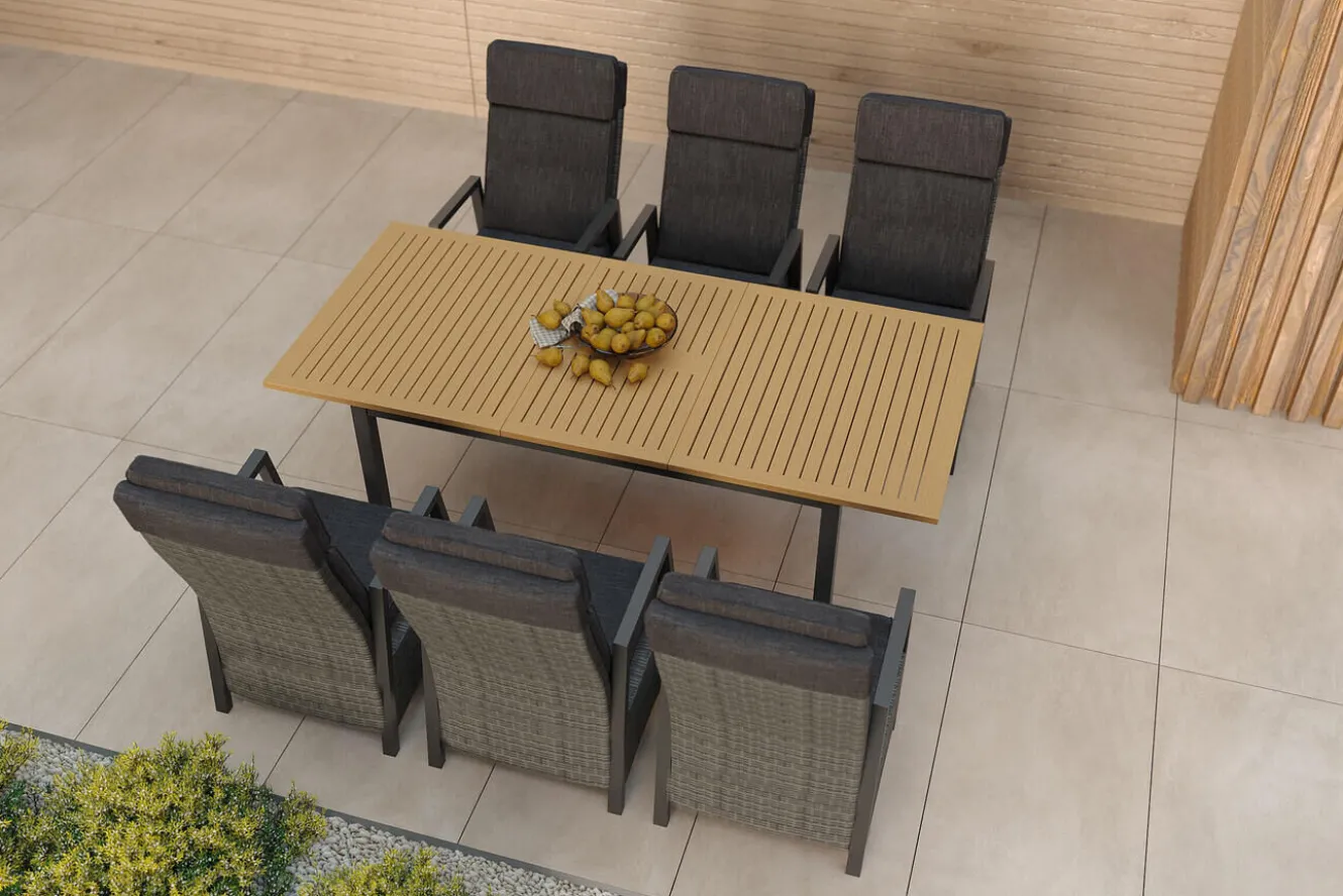 HARTMAN Nova Garten-Essgruppe mit 6 Sesseln, anthrazit/grau/natur, Alu/Polyrattan/Teak, Tisch 150/210 x 90 cm, verstellbare Rückenlehne