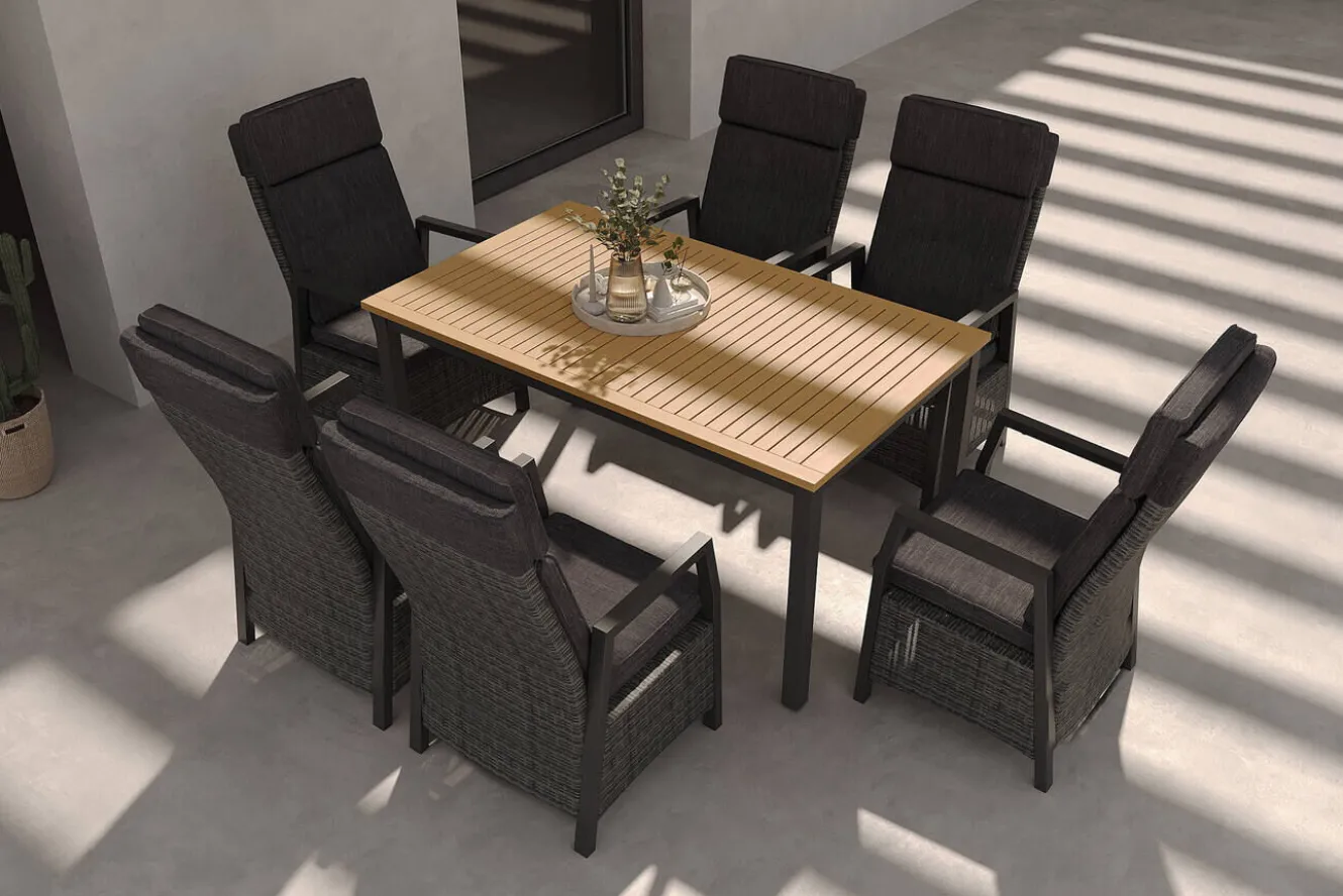 HARTMAN Nova Garten-Essgruppe mit 6 Sesseln, anthrazit/grau/natur, Alu/Polyrattan/Teak, Tisch 150/210 x 90 cm, verstellbare Rückenlehne