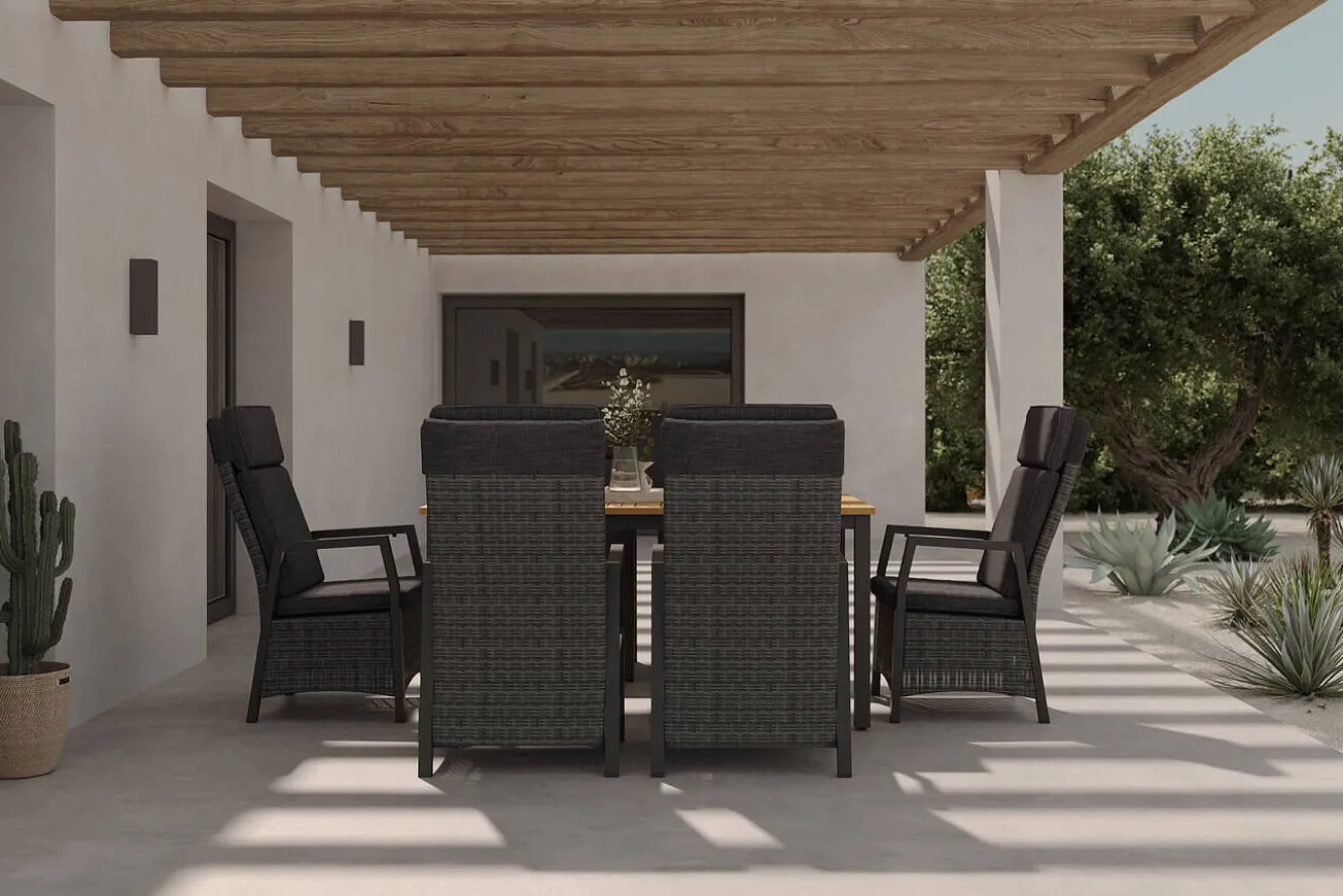HARTMAN Nova Garten-Essgruppe mit 6 Sesseln, anthrazit/grau/natur, Alu/Polyrattan/Teak, Tisch 150/210 x 90 cm, verstellbare Rückenlehne