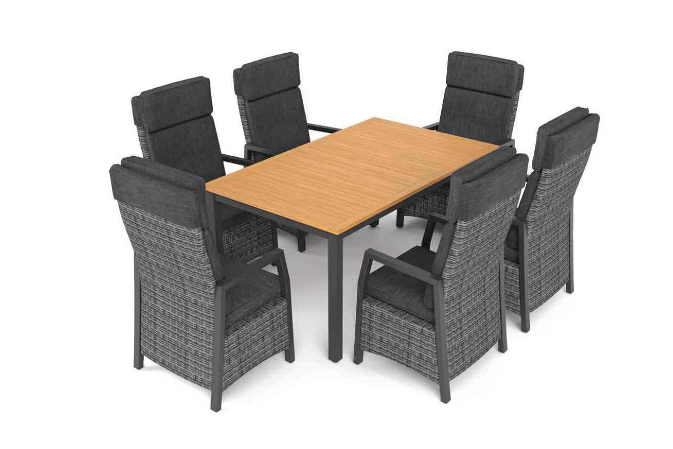 HARTMAN Nova Garten-Essgruppe mit 6 Sesseln, anthrazit/grau/natur, Alu/Polyrattan/Teak, Tisch 150/210 x 90 cm, verstellbare Rückenlehne