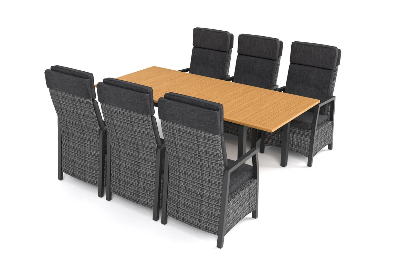 HARTMAN Nova Garten-Essgruppe mit 6 Sesseln, anthrazit/grau/natur, Alu/Polyrattan/Teak, Tisch 150/210 x 90 cm, verstellbare Rückenlehne