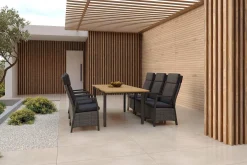 HARTMAN Nova Garten-Essgruppe mit 6 Sesseln, anthrazit/grau/natur, Alu/Polyrattan/Teak, Tisch 150/210 x 90 cm, verstellbare Rückenlehne