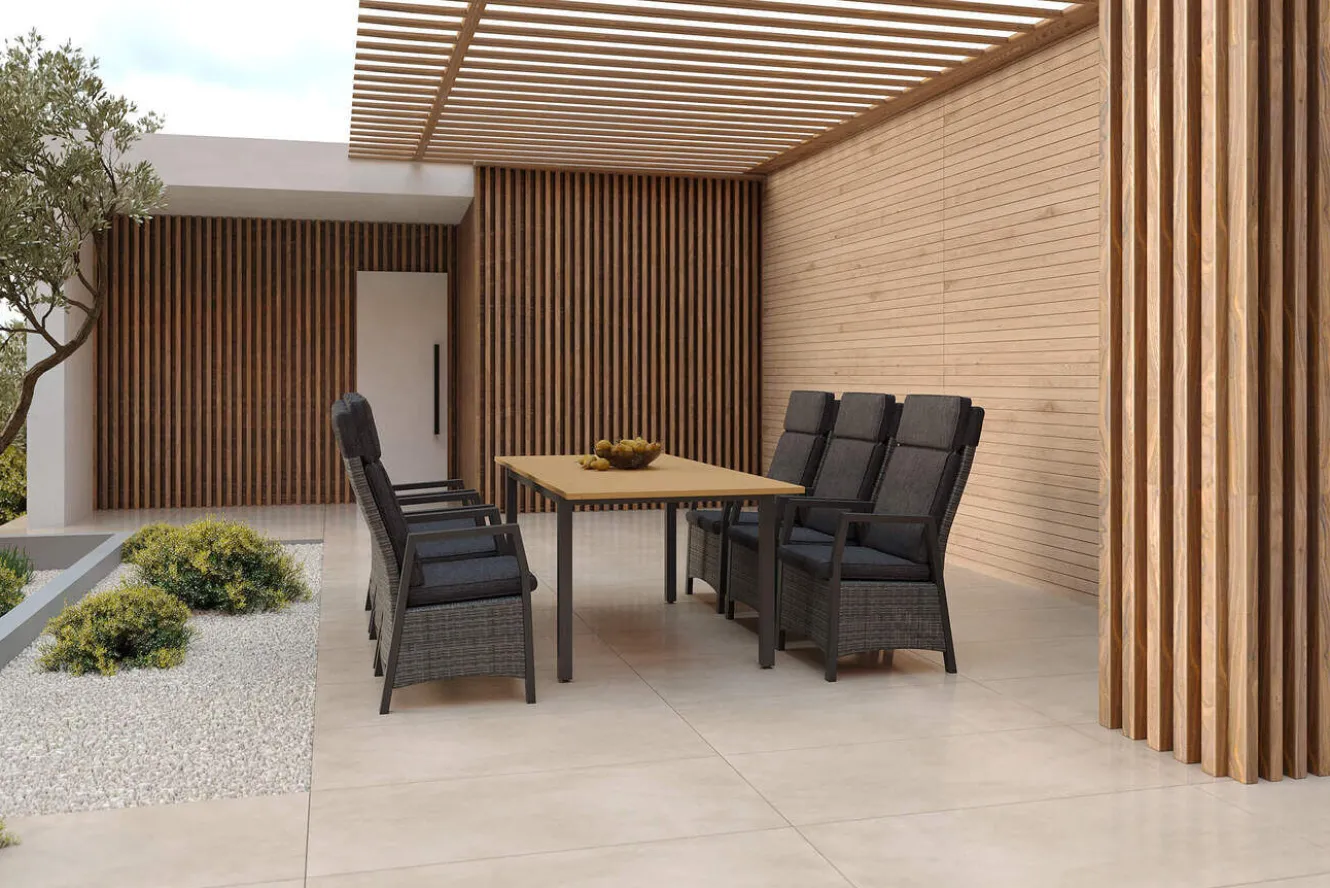 HARTMAN Nova Garten-Essgruppe mit 6 Sesseln, anthrazit/grau/natur, Alu/Polyrattan/Teak, Tisch 150/210 x 90 cm, verstellbare Rückenlehne