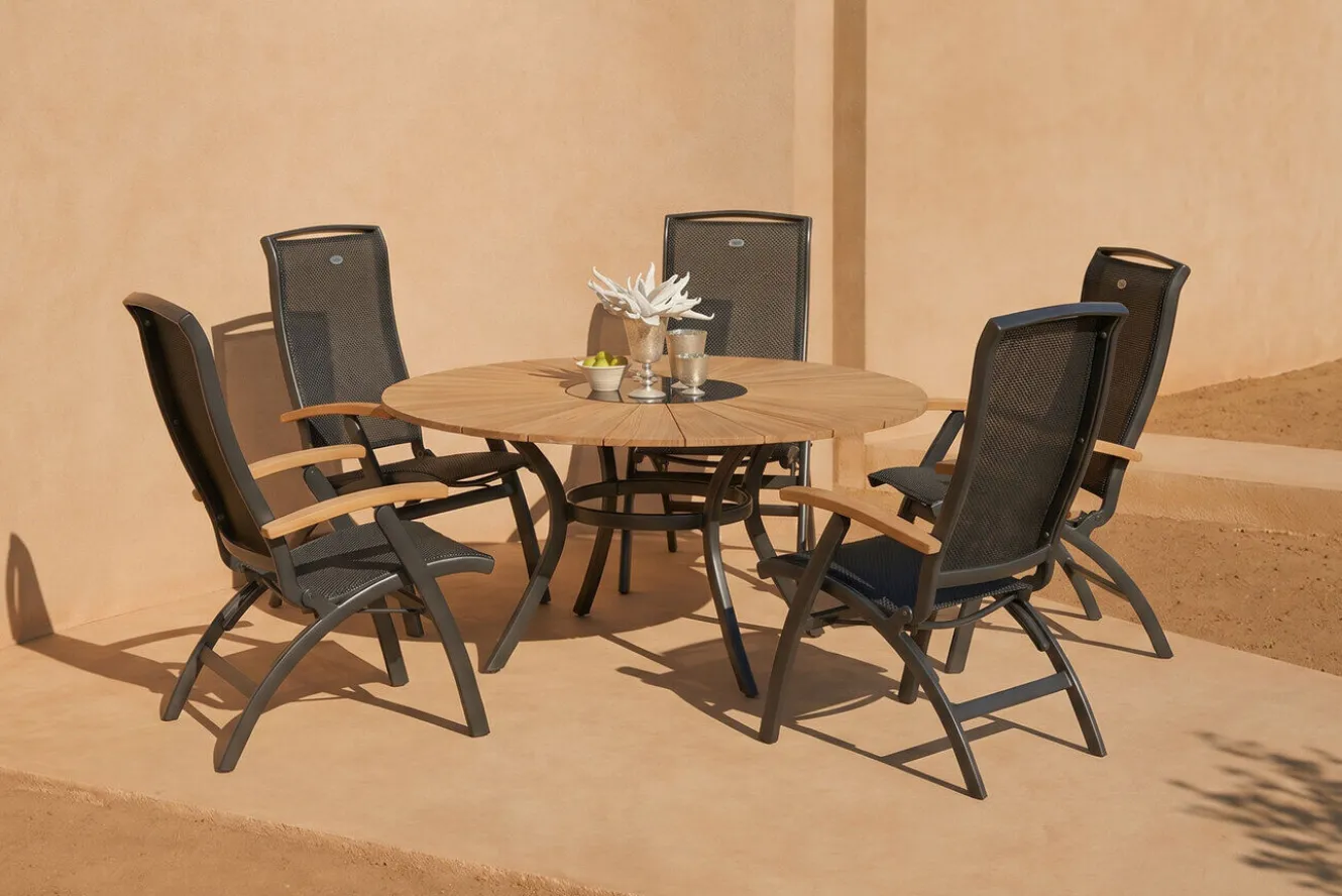 HARTMAN Provence / Da Vinci Garten-Essgruppe, xerix/anthrazit, Alu/Teakholz, 5 Klappstühle, Ø 150cm, inkl. Eiskühler
