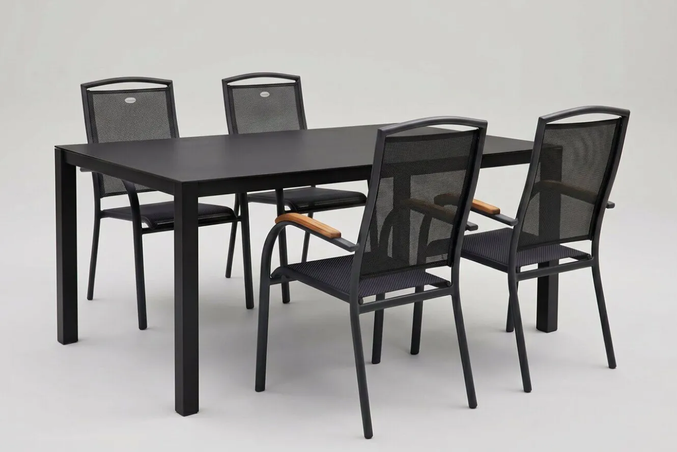 HARTMAN Raffaelo Garten-Essgruppe, xerix/anthrazit, Alu/Spraystone/Teak, 160x95 cm, 4 Stapelsessel, Teak Armlehnen