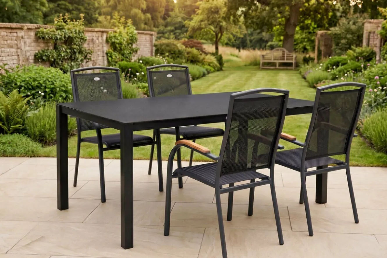 HARTMAN Raffaelo Garten-Essgruppe, xerix/anthrazit, Alu/Spraystone/Teak, 160x95 cm, 4 Stapelsessel, Teak Armlehnen