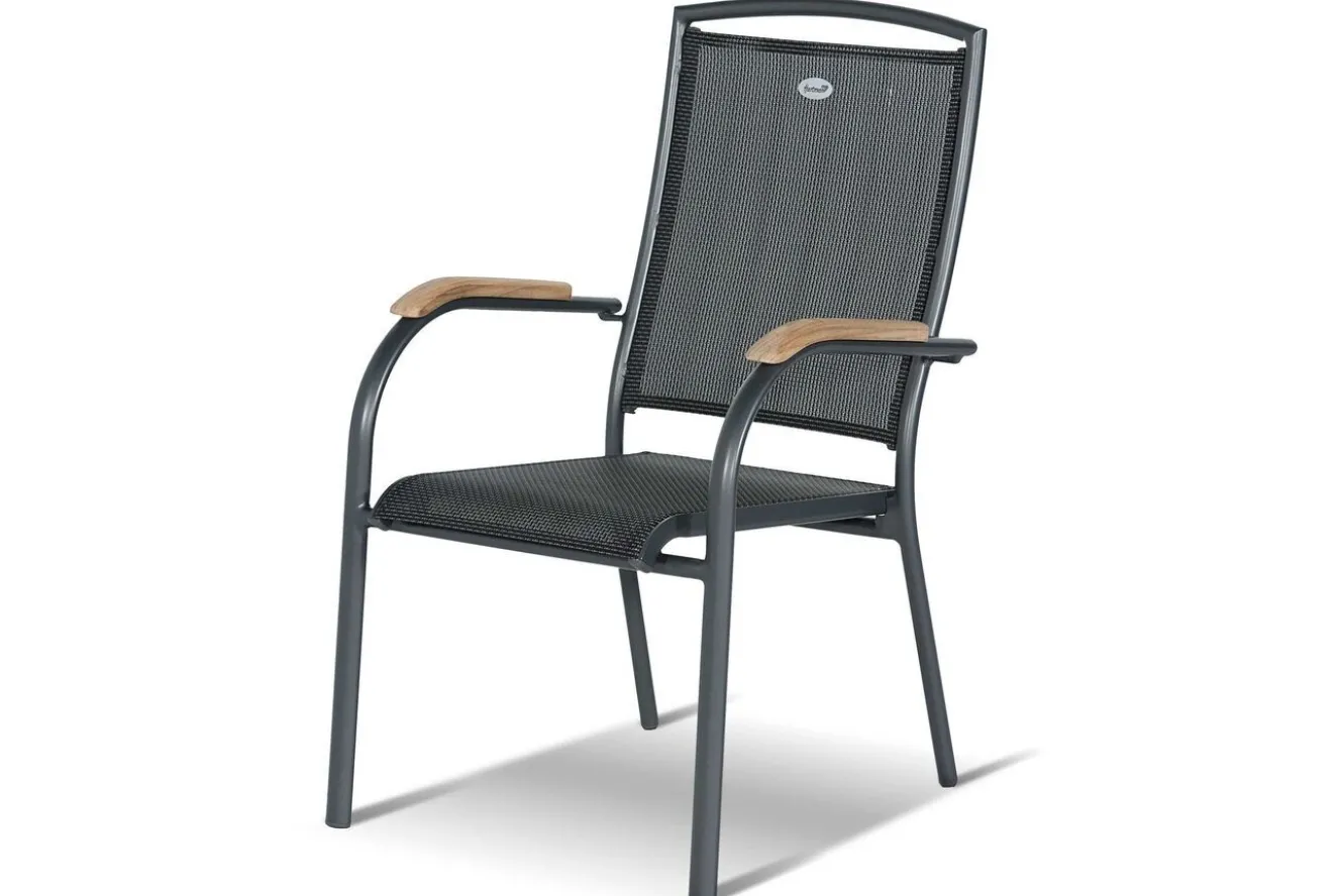 HARTMAN Raffaelo Garten-Essgruppe, xerix/anthrazit, Alu/Spraystone/Teak, 160x95 cm, 4 Stapelsessel, Teak Armlehnen
