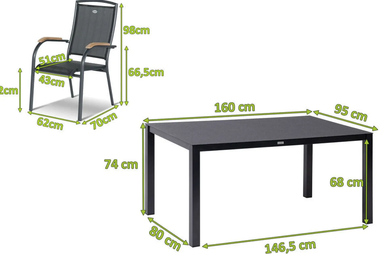 HARTMAN Raffaelo Garten-Essgruppe, xerix/anthrazit, Alu/Spraystone/Teak, 160x95 cm, 4 Stapelsessel, Teak Armlehnen