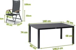 HARTMAN Raffaelo Garten-Essgruppe, xerix/anthrazit, Alu/Spraystone/Teak, 160x95 cm, 4 Klappstühle, Teak Armlehnen
