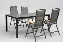 HARTMAN Raffaelo Garten-Essgruppe, xerix/anthrazit, Alu/Spraystone/Teak, 160x95 cm, 4 Klappstühle, Teak Armlehnen