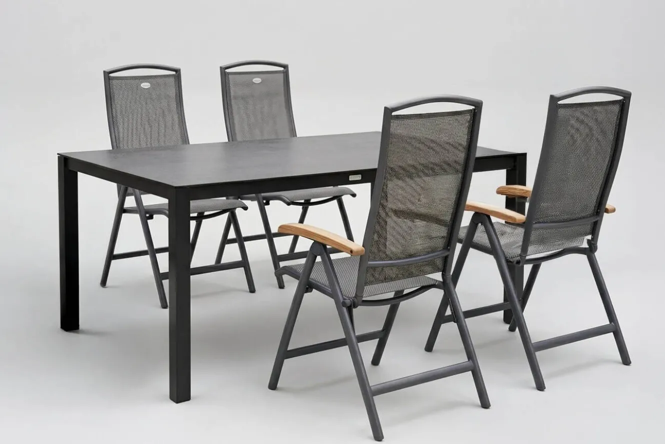 HARTMAN Raffaelo Garten-Essgruppe, xerix/anthrazit, Alu/Spraystone/Teak, 160x95 cm, 4 Klappstühle, Teak Armlehnen