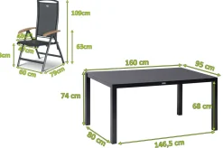 HARTMAN Raffaelo Garten-Essgruppe, xerix/anthrazit, Alu/Spraystone/Teak, 160x95 cm, 4 Klappstühle, Teak Armlehnen