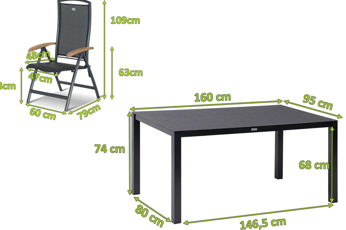 HARTMAN Raffaelo Garten-Essgruppe, xerix/anthrazit, Alu/Spraystone/Teak, 160x95 cm, 4 Klappstühle, Teak Armlehnen