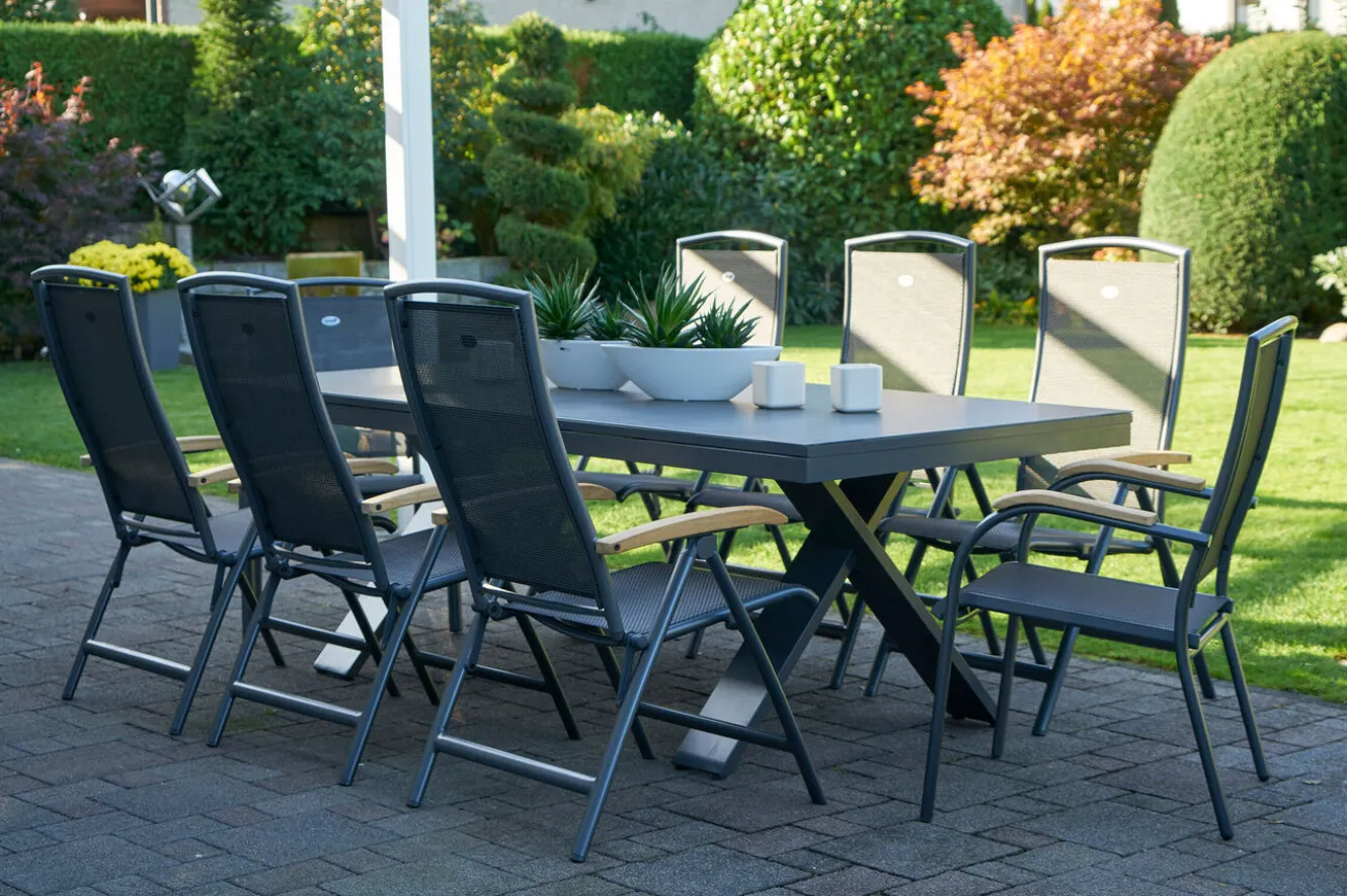 HARTMAN Sondermodell Xanadu / Raffaelo Garten-Essgruppe, xerix/anthrazit, Alu/Glaskeramik, 2 Stapelsessel, 6 Klappstühle, 220/280x100cm