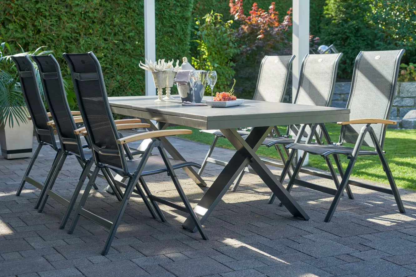 HARTMAN Sondermodell Xanadu / Alice Garten-Essgruppe, xerix/schwarz, Alu/Glaskeramik, 4x4 Textilen, 6 Klappstühle, 220/280x100cm