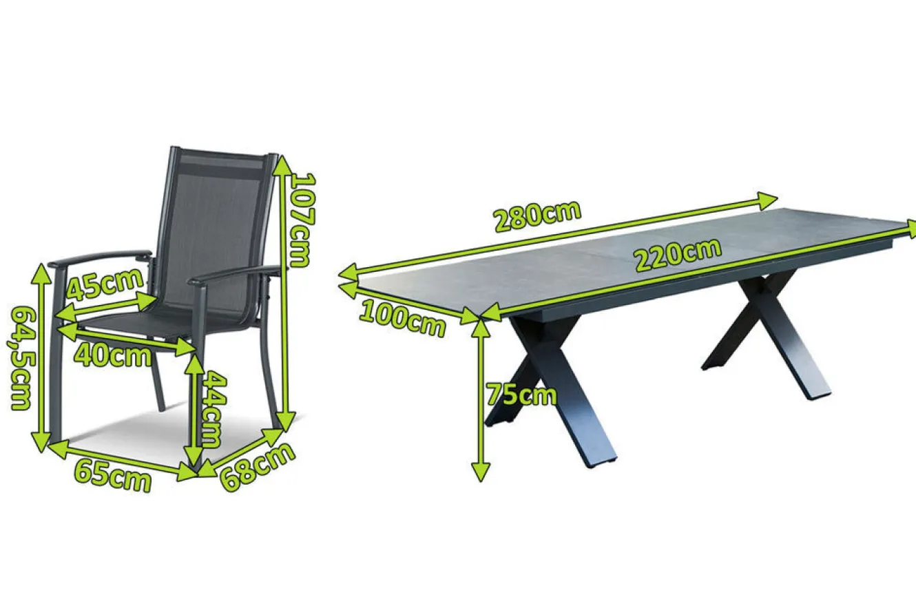 HARTMAN Sondermodell Xanadu / Alice Comfort Set, xerix/anthrazit, Alu/Glaskeramik, 8 Stapelsessel, 220/280x100cm