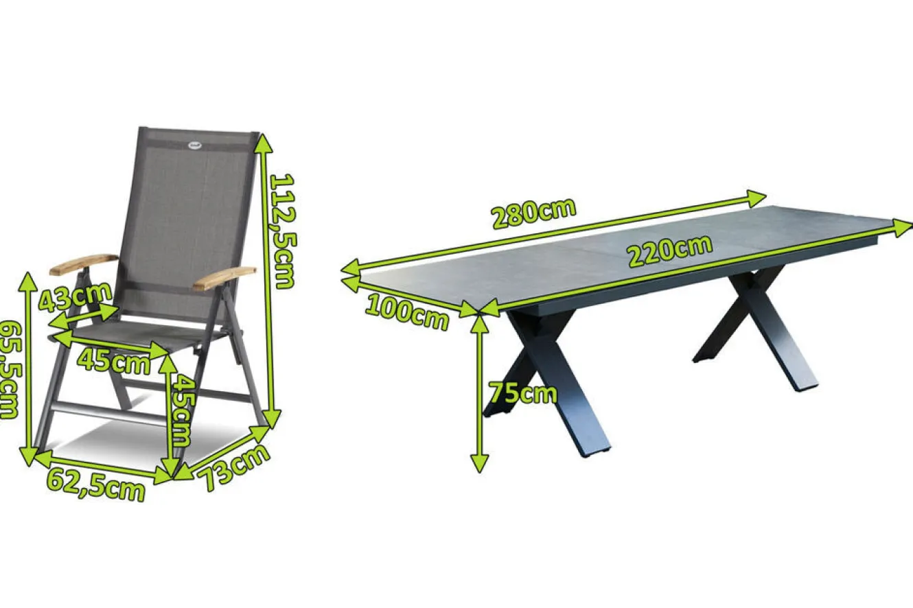 HARTMAN Sondermodell Xanadu / Aruba Garten-Essgruppe, xerix/anthrazit, Alu/Glaskeramik, 8 Klappstühle, 220/280x100cm