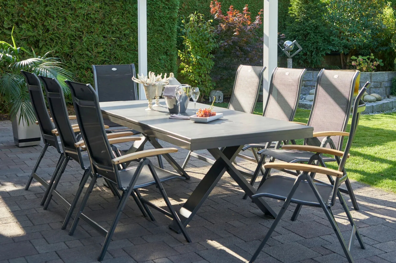 HARTMAN Sondermodell Xanadu / Alice Garten-Essgruppe, xerix/schwarz, Alu/Glaskeramik, 4x4 Textilen, 8 Klappstühle, 220/280x100cm